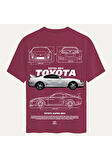 Unisex Bisiklet Yaka %100 Organik Pamuklu Kalın Dokulu Toyota Supra mk4 Baskılı Oversize T-shirt - BORDO