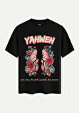 Unisex Bisiklet Yaka %100 Organik Pamuklu Kalın Dokulu YAHWEH Baskılı Oversize T-shirt - SİYAH