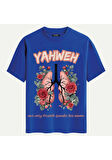 Unisex Bisiklet Yaka %100 Organik Pamuklu Kalın Dokulu YAHWEH Baskılı Oversize T-shirt - SAKS MAVİSİ