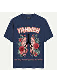 Unisex Bisiklet Yaka %100 Organik Pamuklu Kalın Dokulu YAHWEH Baskılı Oversize T-shirt - LACİVERT