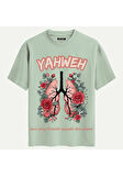 Unisex Bisiklet Yaka %100 Organik Pamuklu Kalın Dokulu YAHWEH Baskılı Oversize T-shirt - BEJ