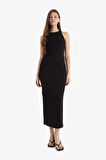 Bodycon Vücudu Saran Halter Yaka Fitilli Kaşkorse Kolsuz Maxi Siyah Elbise