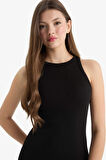 Bodycon Vücudu Saran Halter Yaka Fitilli Kaşkorse Kolsuz Maxi Siyah Elbise
