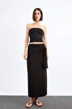Relax Fit  Bağlamalı Siyah Maxi Keten Etek