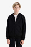	Erkek Çocuk Kapüşonlu Basic Düz Okul Fermuarlı Sweatshirt