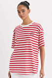 DeFactoFit  Oversize Geniş Kalıp Bisiklet Yaka Çizgili Baskılı Sporcu Kısa Kollu Tişört E2782AX25SMWT32
