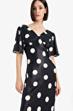DeFacto V Yaka Saten Puantiyeli Kısa Kollu Midi Elbise F6037AX25SMBK81