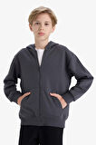 	Erkek Çocuk Kapüşonlu Basic Düz Okul Fermuarlı Sweatshirt