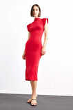 Fitted Dik Yaka Kolsuz Midi Elbise