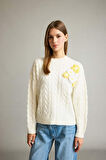 Bisiklet Yaka Çiçekli Triko Kazak