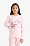 Kız Çocuk Pijama Takımı Baskılı Uzun Kollu Üst Desenli Uzun Alt
