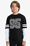 Erkek Çocuk Oversize Geniş Kalıp Bisiklet Yaka Baskılı Uzun Kollu Tişört