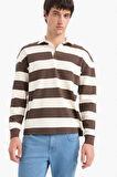 Boxy Fit Polo Yaka Çizgili Waffle Sweatshirt