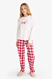 Kız Çocuk Pijama Takımı Baskılı Uzun Kollu Üst Kareli Uzun Alt