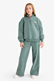 Kız Çocuk 2'li Takım Baskılı Yarım Fermuarlı Sweatshirt Geniş Paça Eşofman Altı