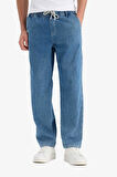 Yazlık Wide Leg Geniş Kalıp Beli Lastikli Geniş Paça Jean Kar Yıkamalı Pantolon