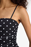 Bodycon Vücudu Saran Kare Yaka Puantiye Tül Askılı Midi Elbise