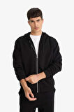 Relax Fit Kapüşonlu İçi Yumuşak Tüylü Basic Düz Kalın Fermuarlı Sweatshirt