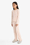 Kız Çocuk Pijama Takımı Fitilli Kaşkorse Kalp Desenli Uzun Kollu Üst Uzun Alt
