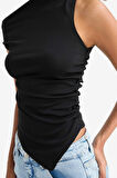 Slim Fit Dar Kesim Tek Omuzlu Ribana Siyah Bluz