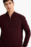 Standart Fit Normal Kesim Dik Yaka Yarım Fermuarlı Basic Düz Triko Kazak