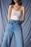 Wide Leg Yüksek Bel Uzun Jean Yıkamalı Pantolon