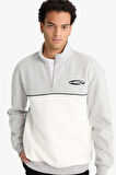 Boxy Fit Dik Yaka Yarım Fermuarlı Baskılı Kalın Sweatshirt