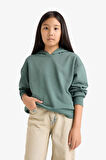 Kız Çocuk Relax Fit Kapüşonlu Basic Düz Sweatshirt