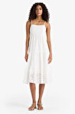 Kare Yaka Terry Cotton Beyaz Askılı Midi Elbise