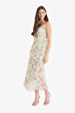 Coool Bodycon Vücudu Saran Straplez Floral Tül Kolsuz Maxi Elbise