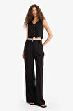 Wide Leg Çift Cepli Yüksek Bel Standart Boy Keten Karışımlı Pantolon