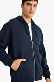 Relax Fit Kapüşonlu İçi Yumuşak Tüylü Basic Düz Kalın Fermuarlı Sweatshirt