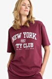 Oversize Geniş Kalıp Bisiklet Yaka Baskılı Kısa Kollu Tişört