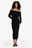 Fitted Açık Omuz Ribana Uzun Kollu Midi Elbise