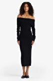 Fitted Açık Omuz Ribana Uzun Kollu Midi Elbise