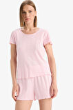 DeFacto Regular Fit Pijama Takımı Kısa Kollu Üst Esnek Belli Şort-Fall in Love E4335AX25SPPN648