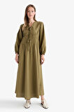 V Yaka Poplin Önden Bağlamalı Uzun KolluMaxi  Elbise
