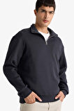 Regular Fit Dik Yaka Yarım Fermuarlı İçi Yumuşak Tüylü Basic Düz Sweatshirt