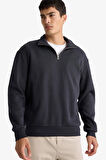 Regular Fit Dik Yaka Yarım Fermuarlı İçi Yumuşak Tüylü Basic Düz Sweatshirt