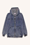 Oversize Geniş Kalıp Kapüşonlu Fermuarlı Denim Ceket