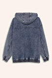 Oversize Geniş Kalıp Kapüşonlu Fermuarlı Denim Ceket