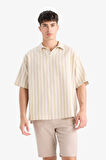 Oversize Geniş Kalıp Polo Yaka Çizgili Kısa Kollu Gömlek