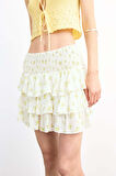 Beli Lastikli Çiçek Desenli Volanlı Mini Etek