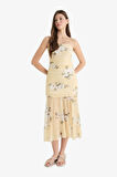 Coool Bodycon Vücudu Saran Straplez Floral Tül Kolsuz Maxi Elbise
