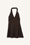 Coool Halter Yaka Kareli Mini Elbise