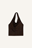 Regular Fit Halter Yaka Saten Kolsuz Bluz