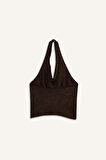 Regular Fit Halter Yaka Saten Kolsuz Bluz
