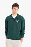 Boxy Fit Dik Yaka Fermuarlı Baskılı Sweatshirt 
