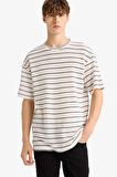 Boxy Fit Bisiklet Yaka Çizgili Kısa Kollu Tişört