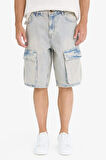 %100 Pamuk Baggy Fit Kargo Cepli Jean Bermuda Şort